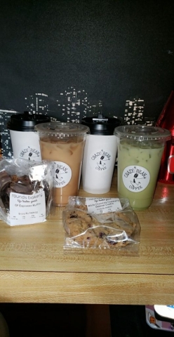 variety of coffees and baked goods found at crazy bean