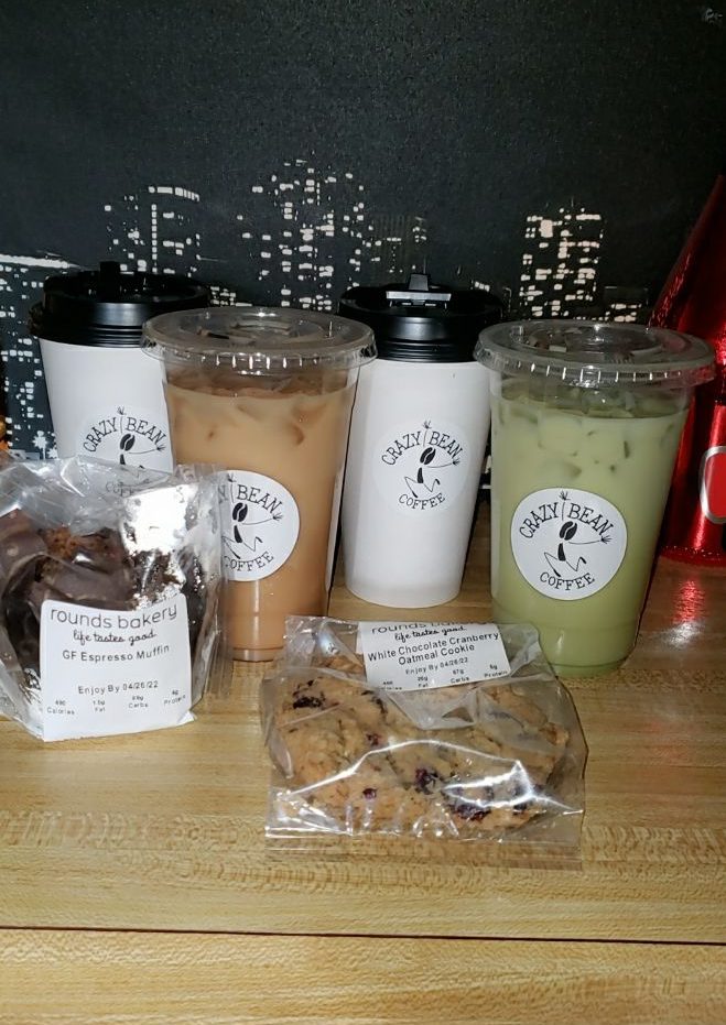 variety of coffees and baked goods found at crazy bean